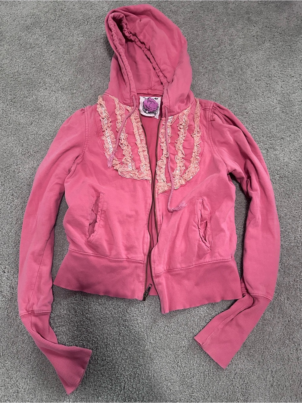 Free people Women's Pink Hooded Lace-Trim Zip sweater